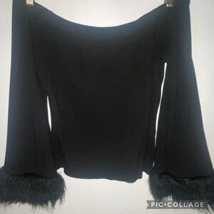 Elegant Black Off-Shoulder Blouse with Fur Trim
